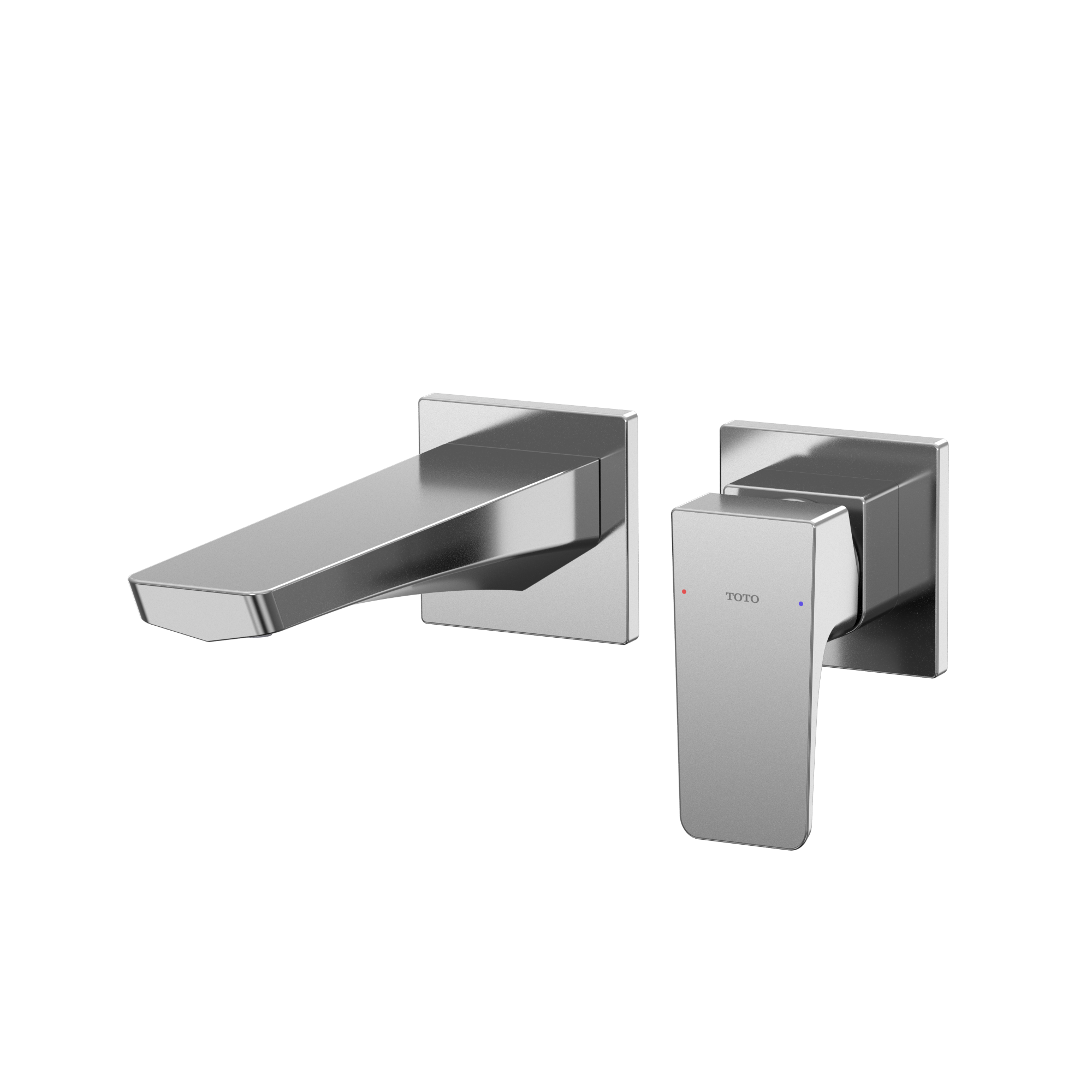 Polished chrome wall-mount bathroom faucet with single handle and curved spout.
