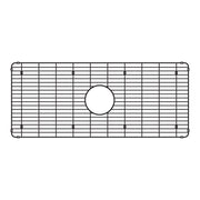 Stainless steel sink grid with parallel slats and center circular opening for apron front sink.