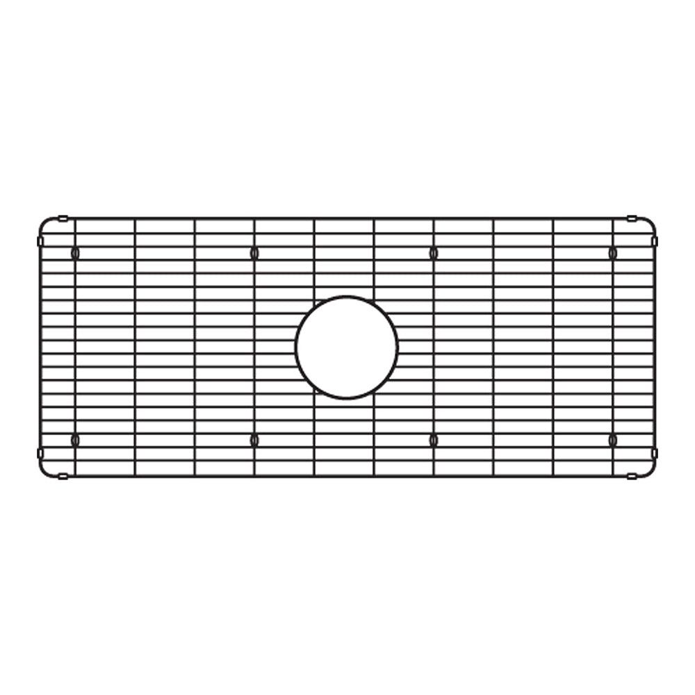 Stainless steel sink grid with parallel slats and center circular opening for apron front sink.