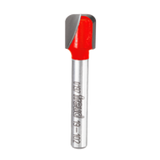 Router bit with red carbide cutting head and silver metal shaft marked with Freud branding.