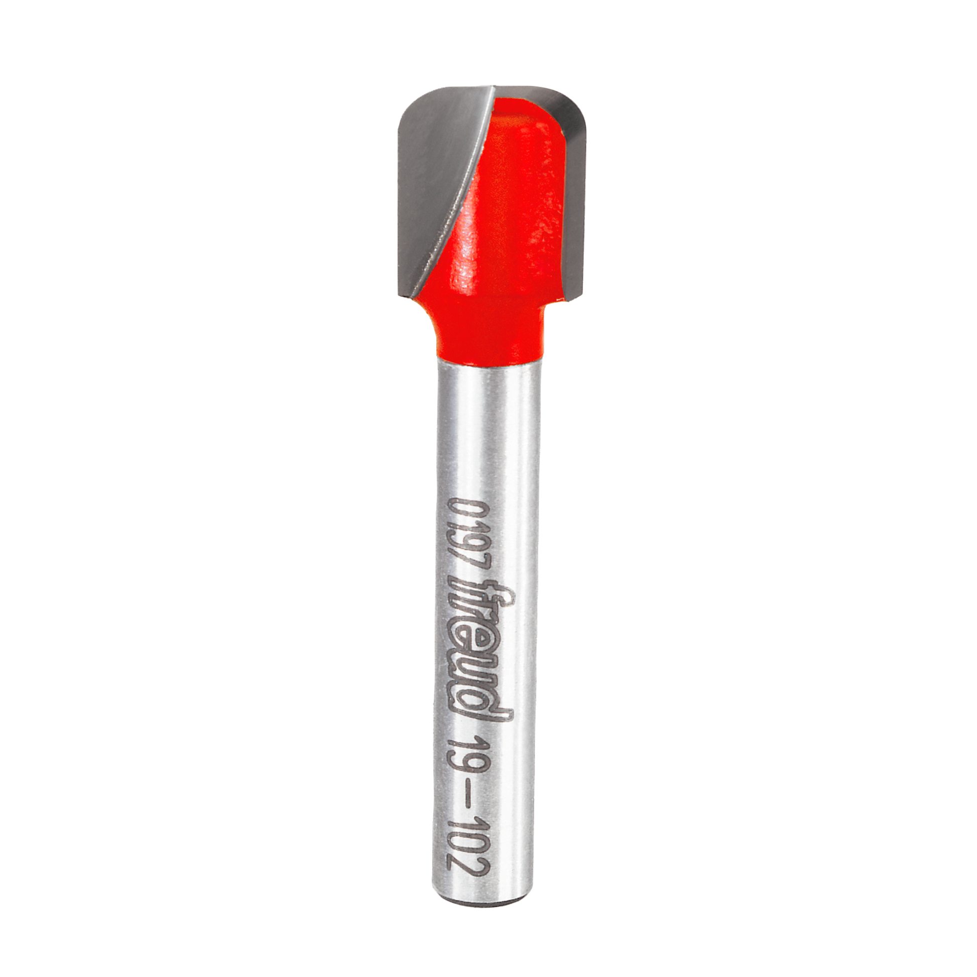 Router bit with red carbide cutting head and silver metal shaft marked with Freud branding.