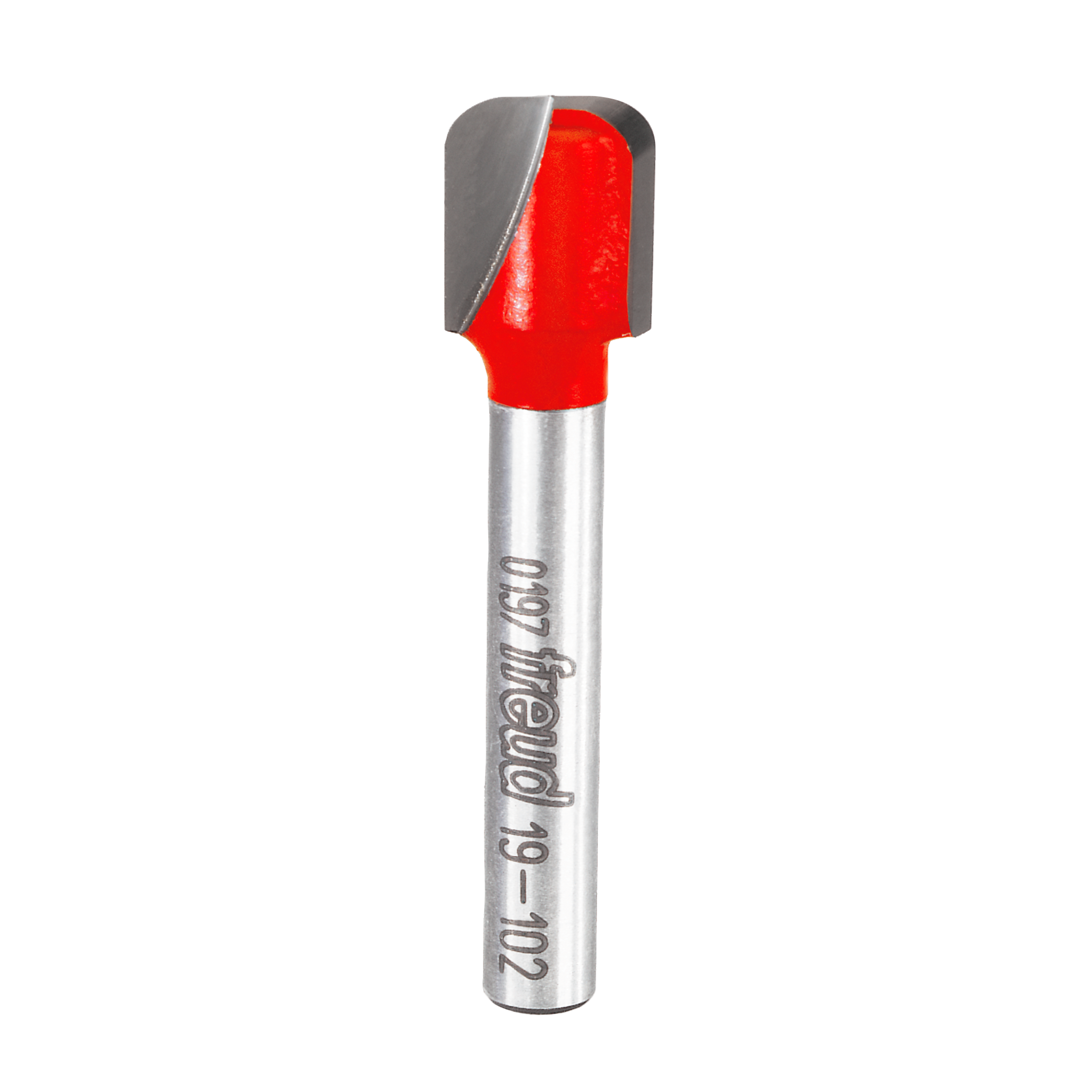 Router bit with red carbide cutting head and silver metal shaft marked with Freud branding.