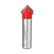 Freud V-grooving bit with red cutting head and silver cylindrical shank marked "Freud-90".