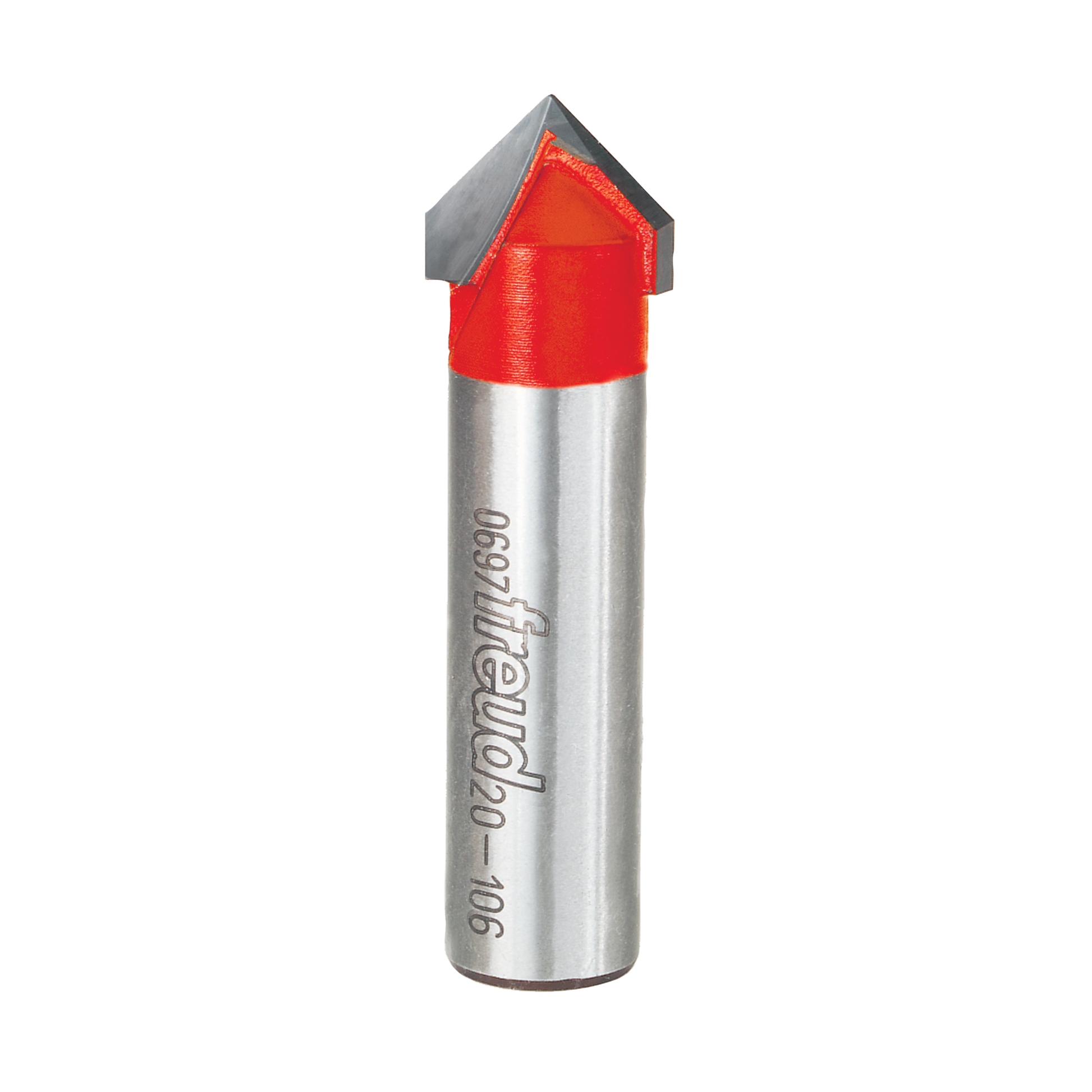 Freud V-grooving bit with red cutting head and silver cylindrical shank marked "Freud-90".