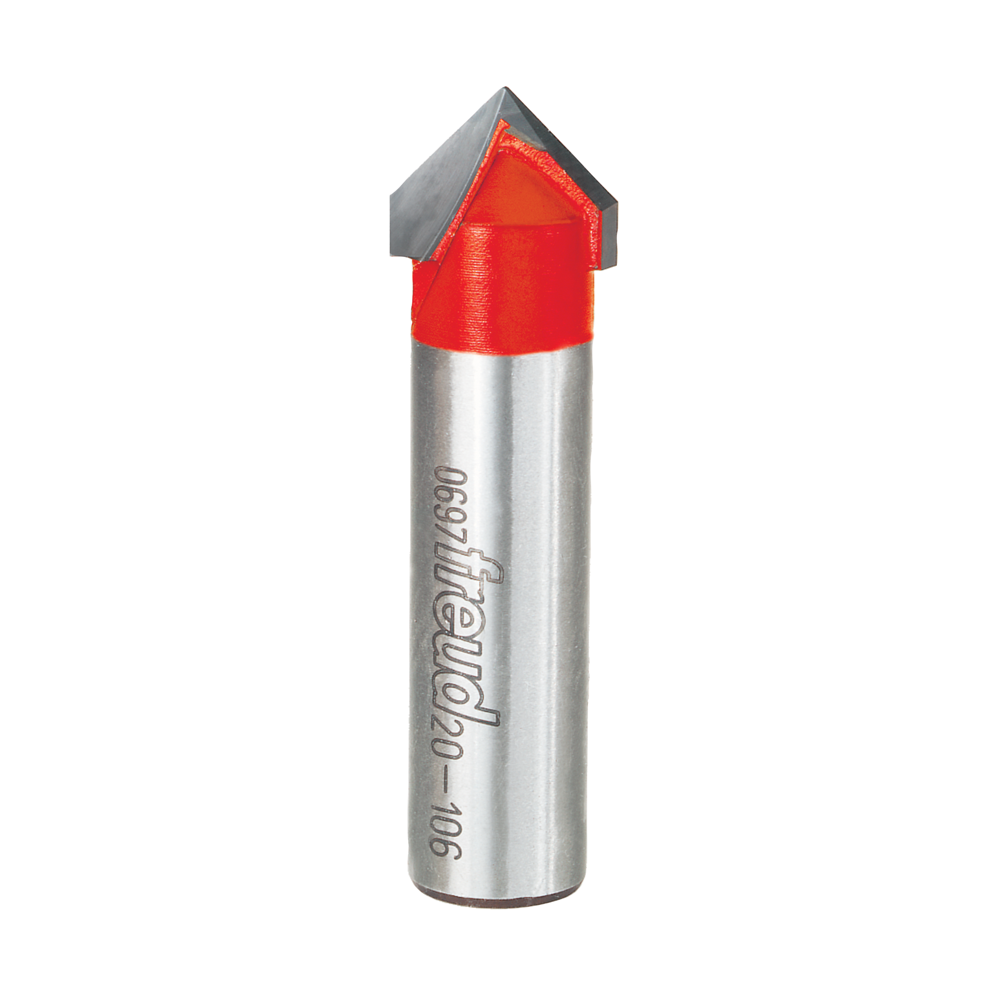 Freud V-grooving bit with red cutting head and silver cylindrical shank marked "Freud-90".