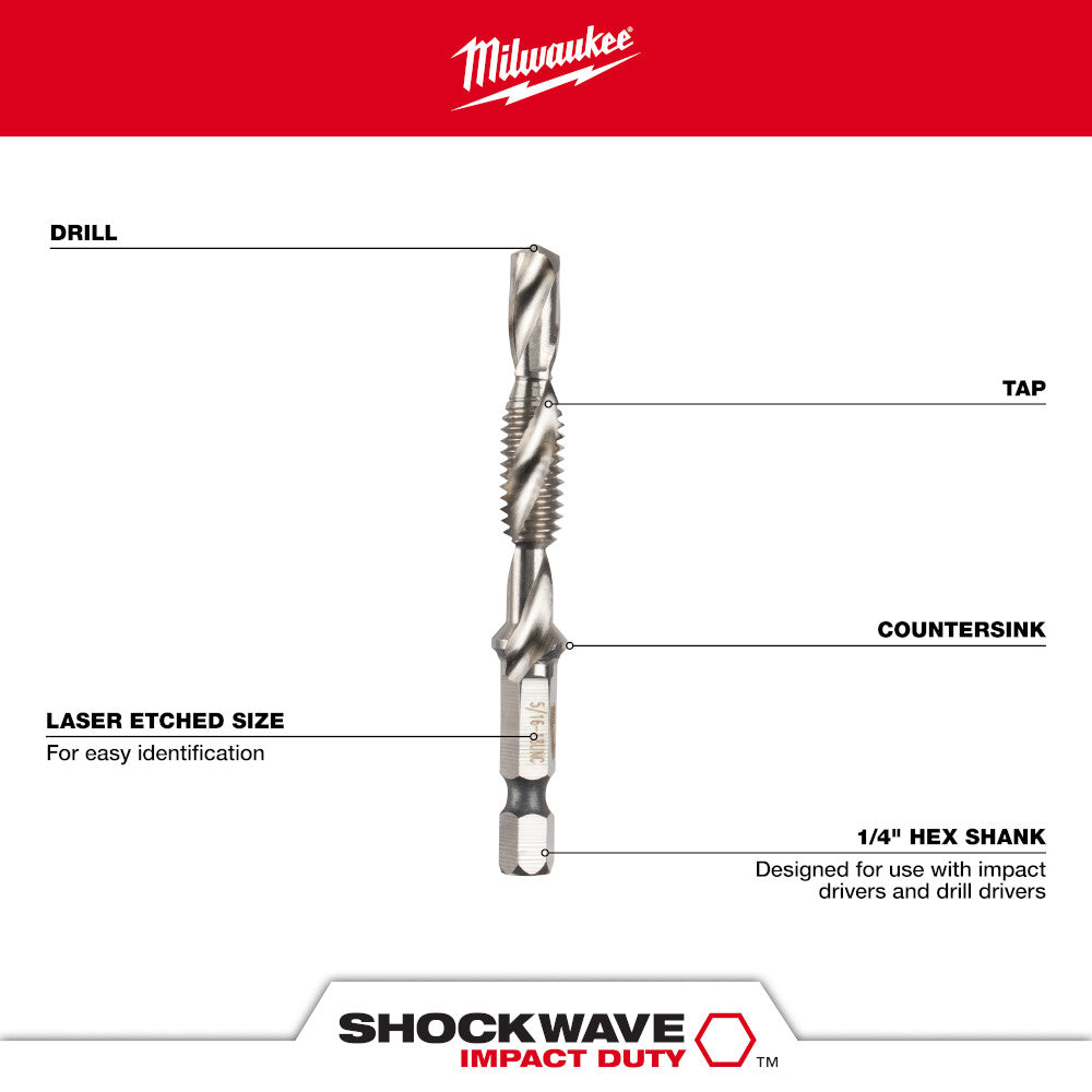 Five-piece SAE impact drill tap set with combined drill, tap, and countersink bits featuring 1/4" hex shank.
