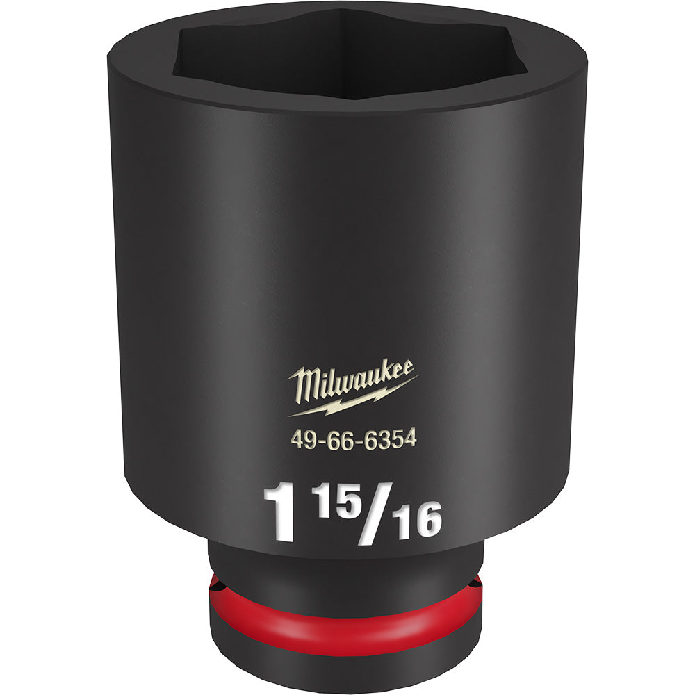 Black Milwaukee 3/4" drive deep socket with 6-point opening and red grip band at base.