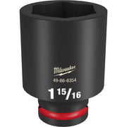 Black Milwaukee 3/4" drive deep socket with 6-point opening and red grip band at base.