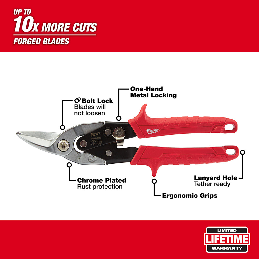 Red and black aviation snips with forged blades, bolt lock, one-hand metal locking, and ergonomic grips.
