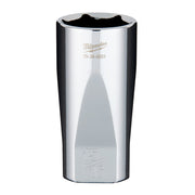 Polished chrome deep socket with Milwaukee branding and 15/16 size marking, 3/8 inch drive connection.