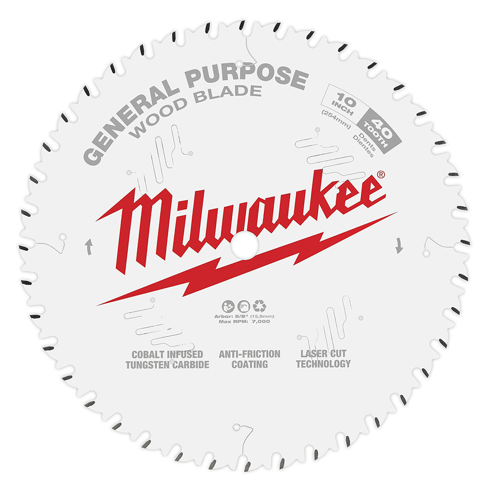 Milwaukee 10-inch circular saw blade with 40 teeth, white disc with black teeth and red Milwaukee branding.