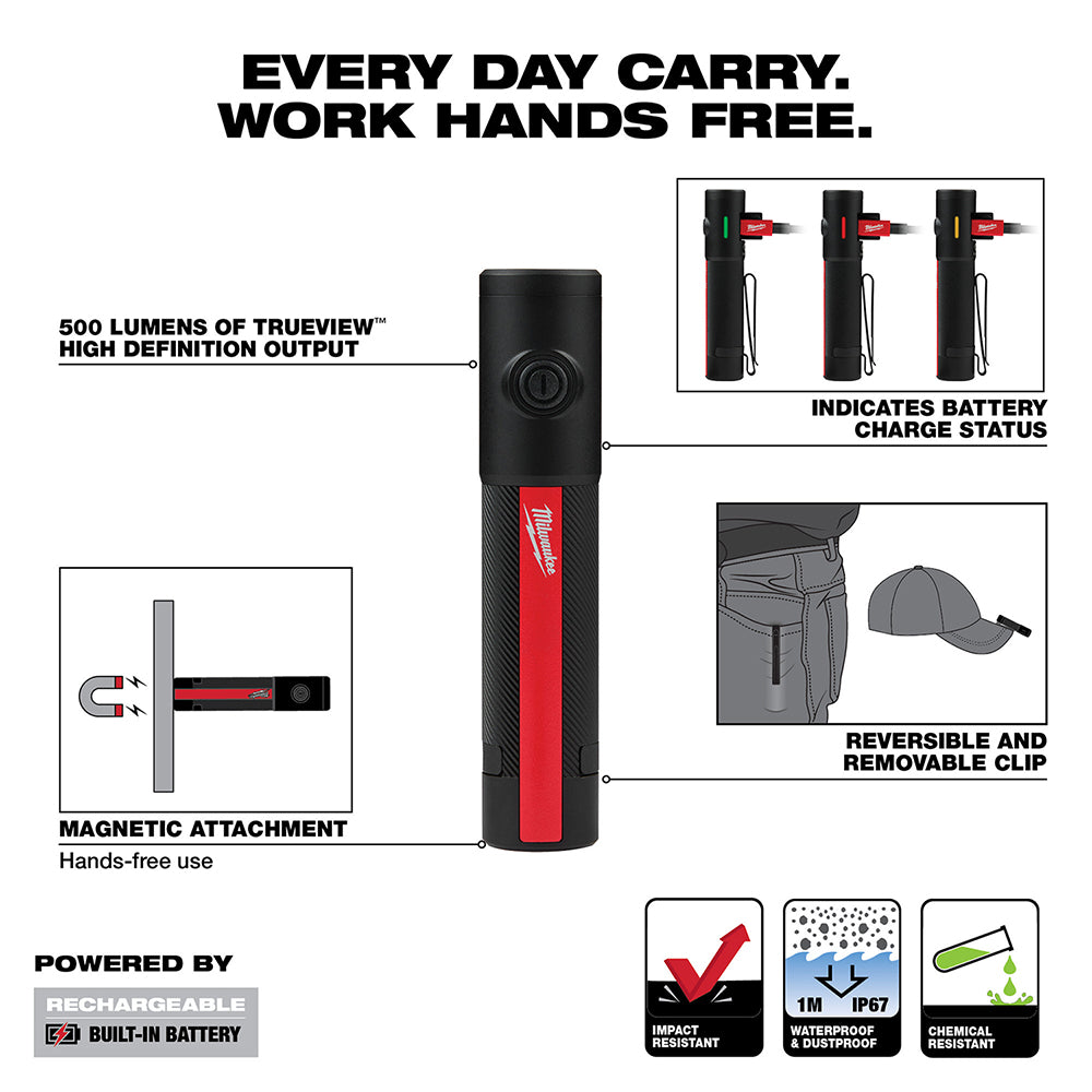 Black and red cylindrical rechargeable flashlight with magnetic base, battery indicator lights, and removable clip.