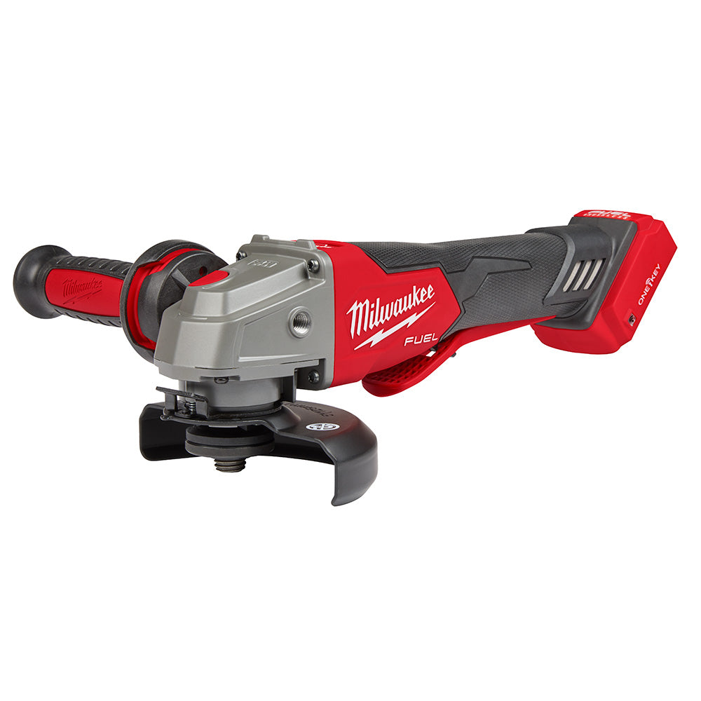 Milwaukee M18 FUEL angle grinder with red and black housing, gray gear head, and paddle switch trigger.