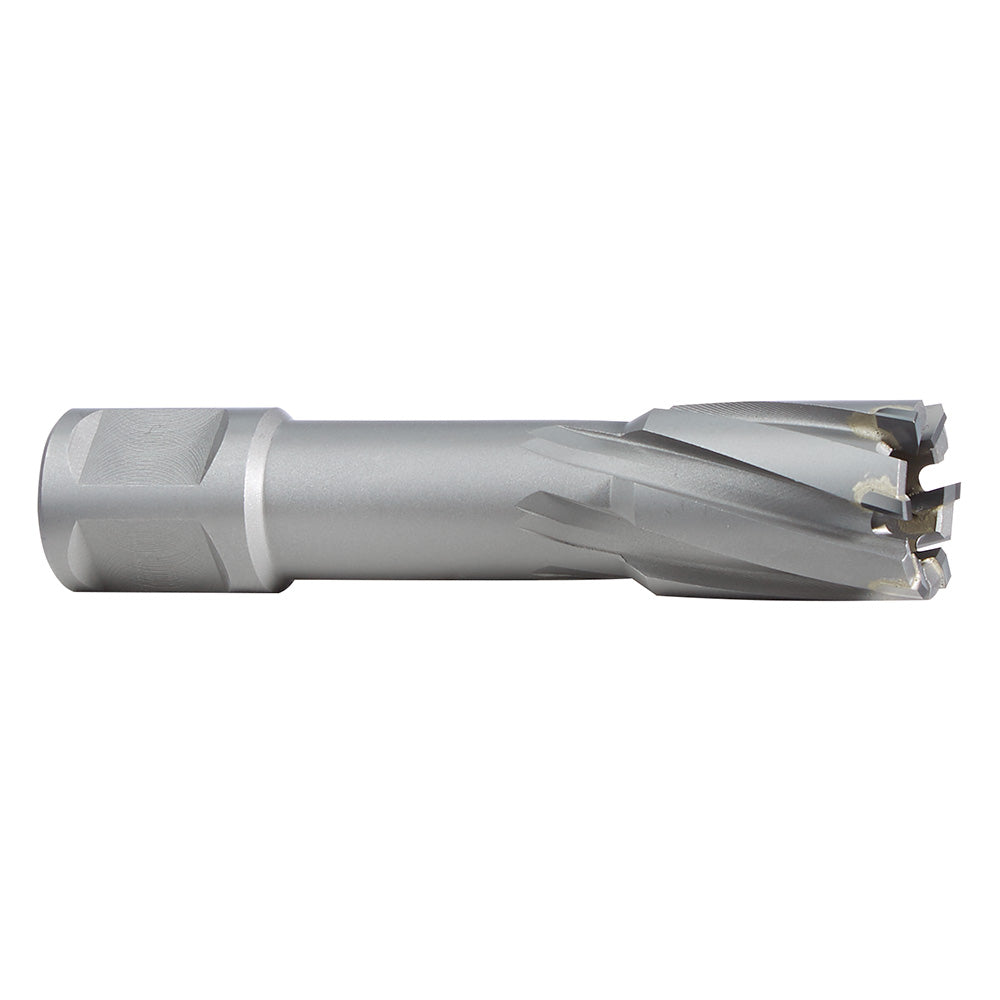 Milwaukee TCT annular cutter with cylindrical shank and multi-flute cutting head with carbide inserts.