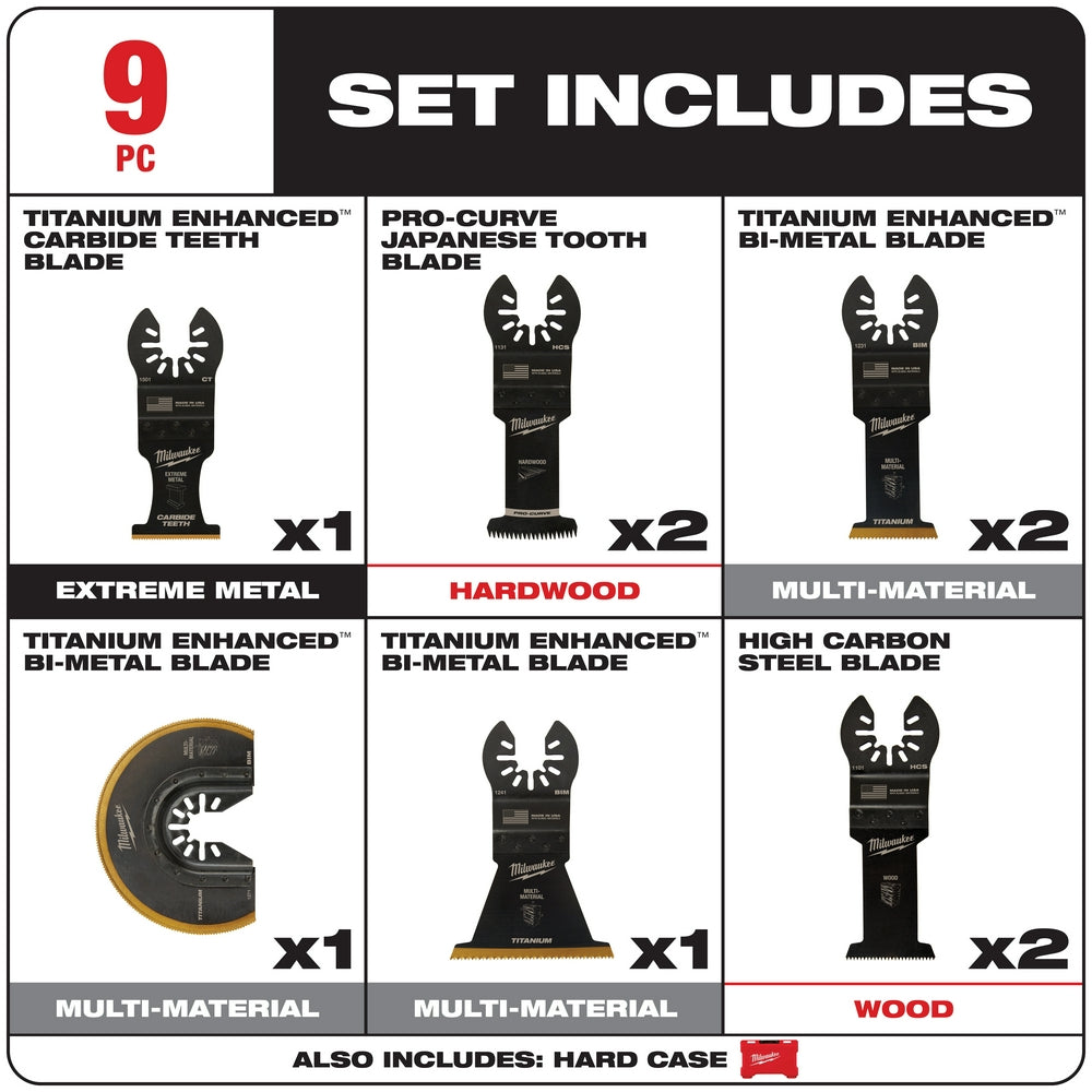 Nine multi-tool blades including carbide teeth, Japanese tooth, bi-metal, and high carbon steel types in black with orange ac
