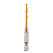 Gold titanium twist drill bit with gray hexagonal shank and reinforced tip design.
