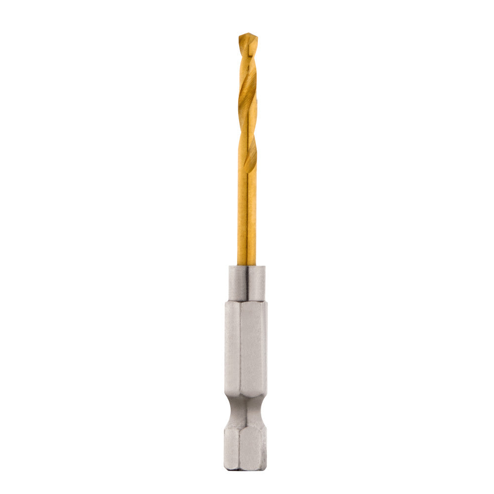 Gold titanium twist drill bit with gray hexagonal shank and reinforced tip design.