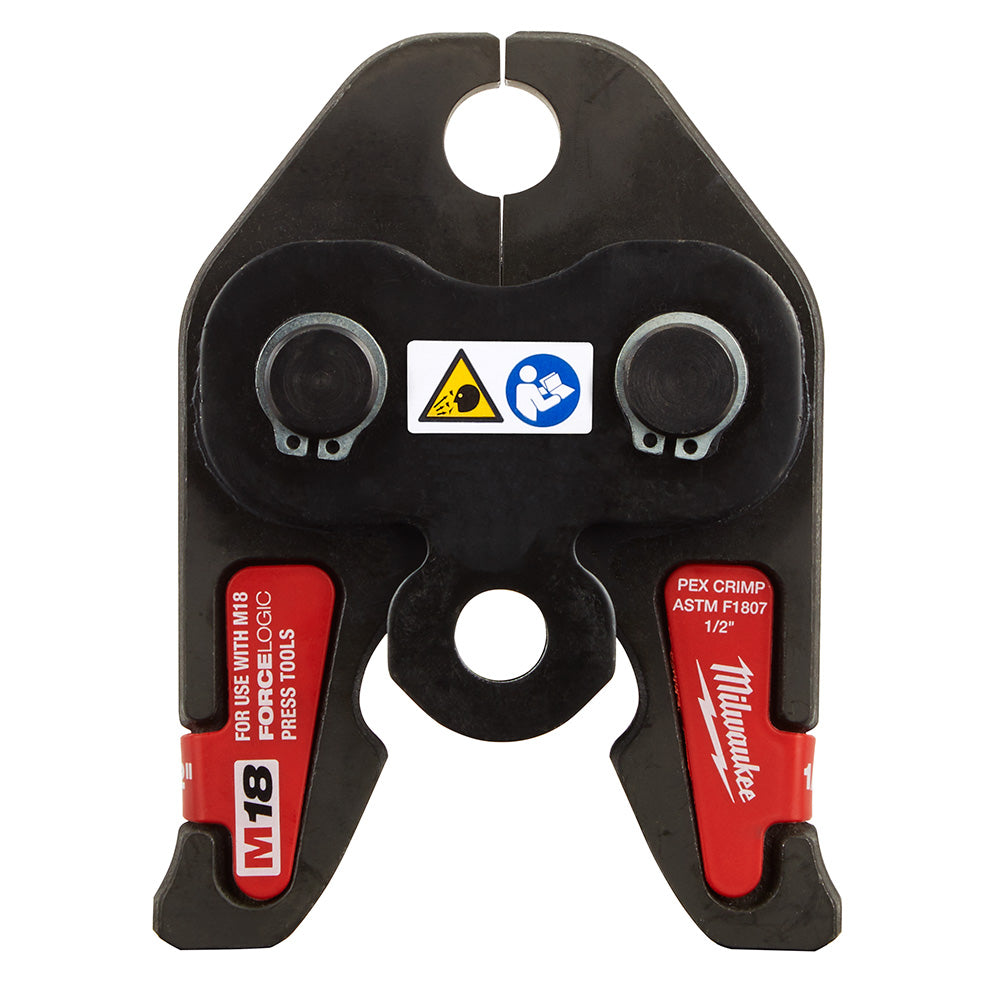 Black and red 1/2" PEX crimp jaw with mounting holes and safety labels for Milwaukee M18 press tools.
