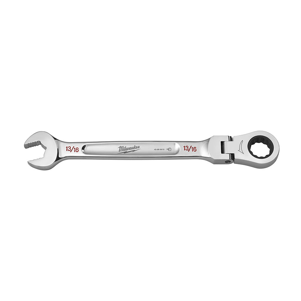 Milwaukee 13/16" flex head combination wrench with open end on left and ratcheting ring end on right.