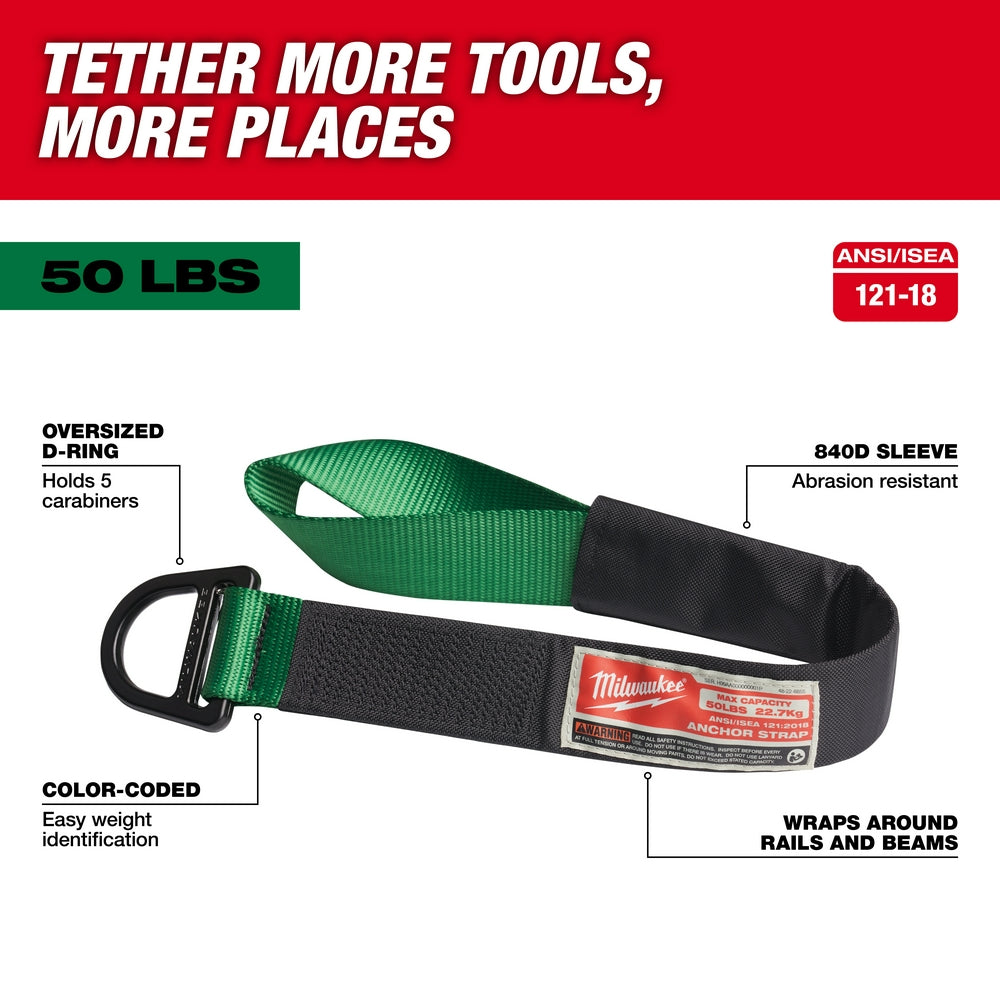 Green and black Milwaukee anchor strap with oversized D-ring and abrasion-resistant sleeve, rated 50 lbs.