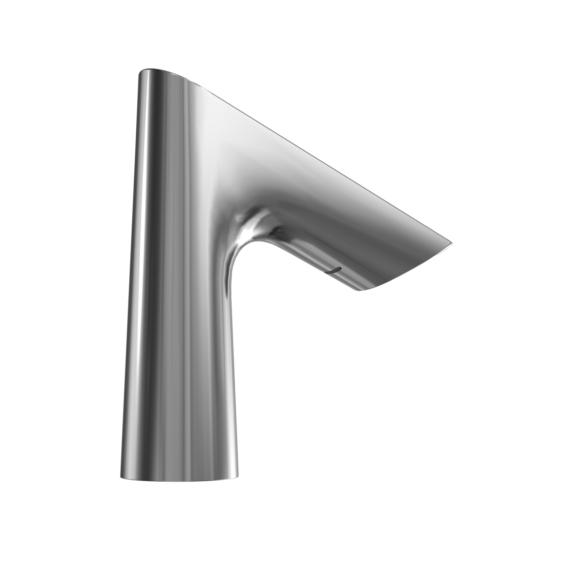 Polished chrome touchless bathroom faucet with angled spout and tall cylindrical base.