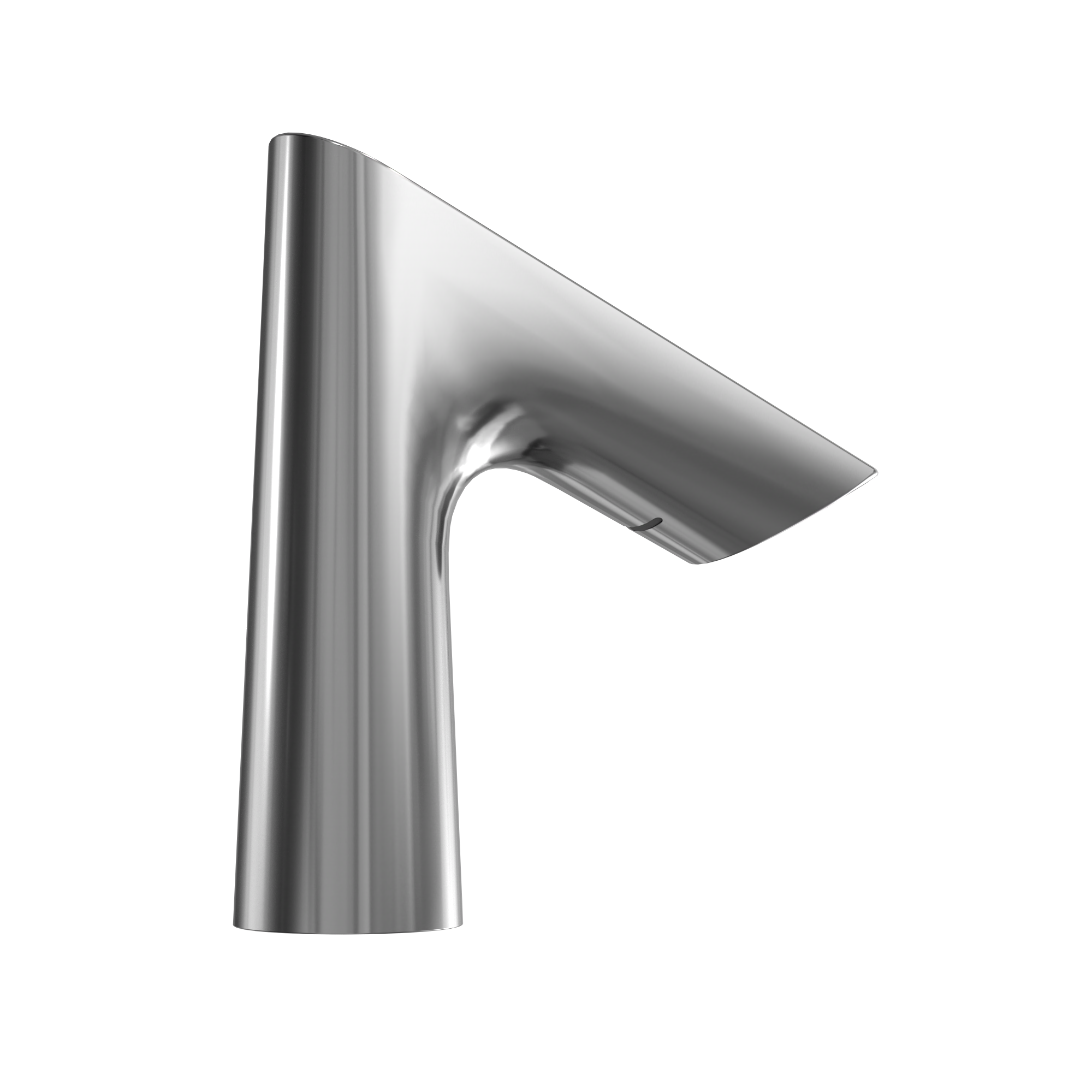 Polished chrome touchless bathroom faucet with curved spout and tall vertical stem.