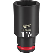 Black Milwaukee deep socket with hexagonal opening, red grip band at base, model number and 1 1/8" size marked on side.