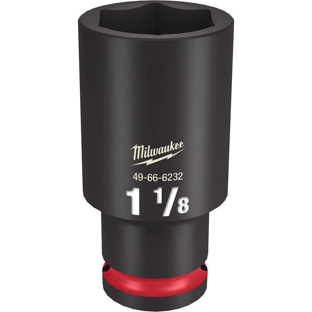 Black Milwaukee deep socket with hexagonal opening, red grip band at base, model number and 1 1/8" size marked on side.