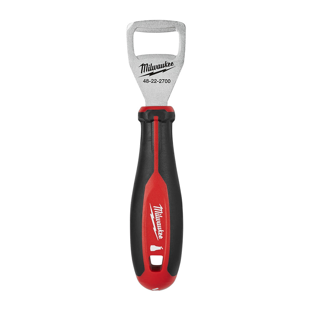 Milwaukee bottle opener with silver metal head and red/black rubber handle grip.