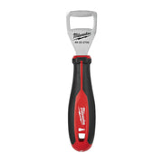 Milwaukee bottle opener with silver metal head and red/black rubber handle grip.