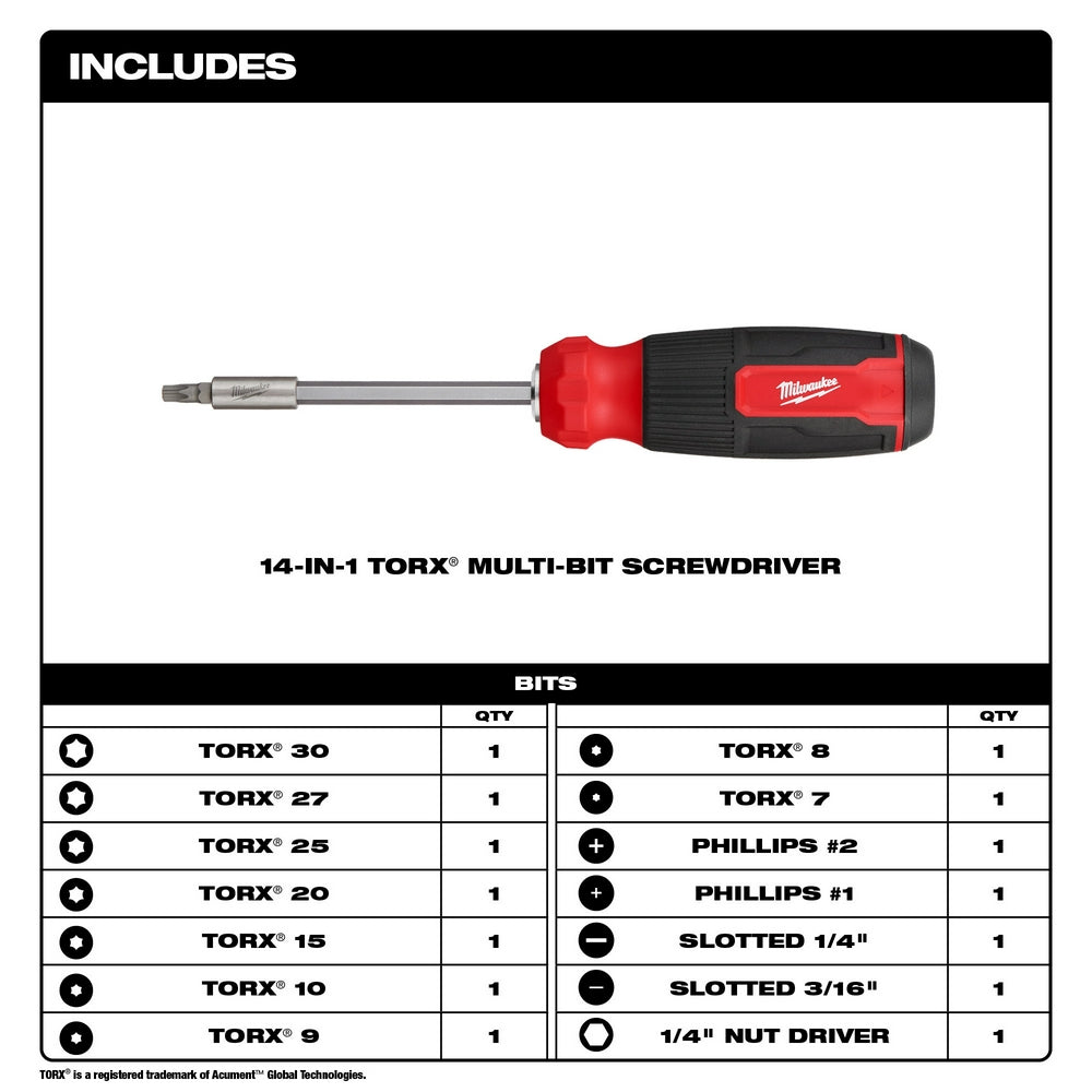 Milwaukee 14-in-1 TORX multi-bit screwdriver with red handle and interchangeable bits including TORX, Phillips, and slotted s