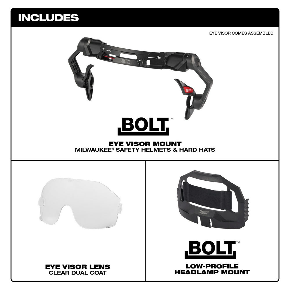 Milwaukee BOLT eye visor assembly with clear dual coat lens and black mounting bracket for safety helmets.