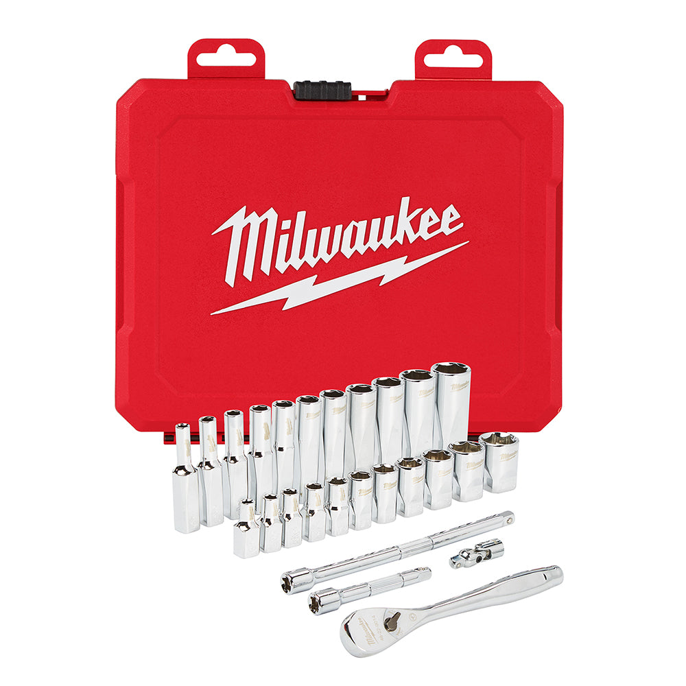 Red Milwaukee case containing 26-piece 1/4 inch drive socket set with ratchet and SAE sockets in various sizes.