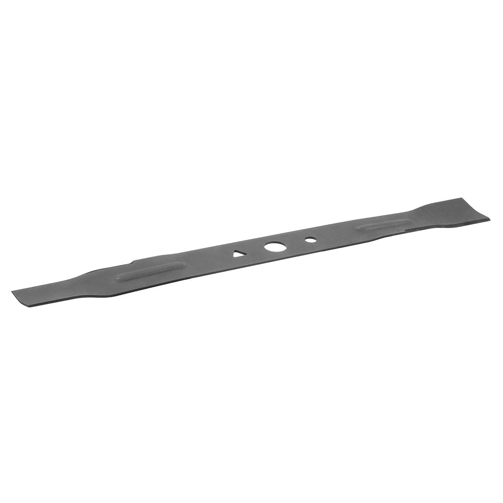 Gray metal mower blade with curved edges and three mounting holes along the center.