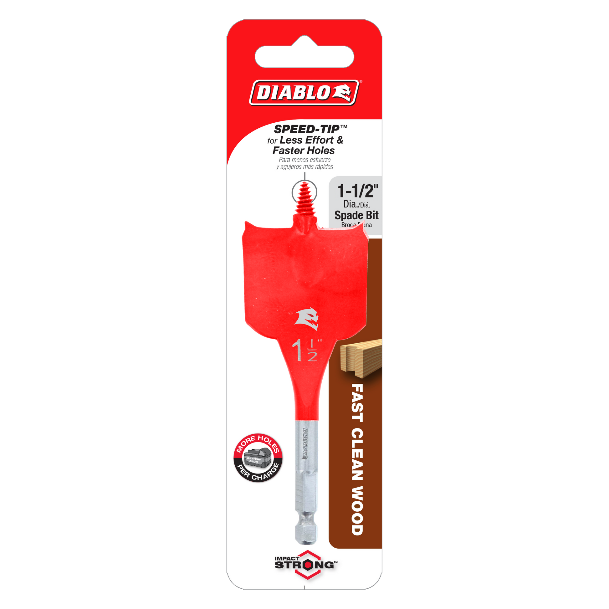 Diablo 1-1/2 inch spade bit with red body and gray hexagonal shank on red and white packaging.