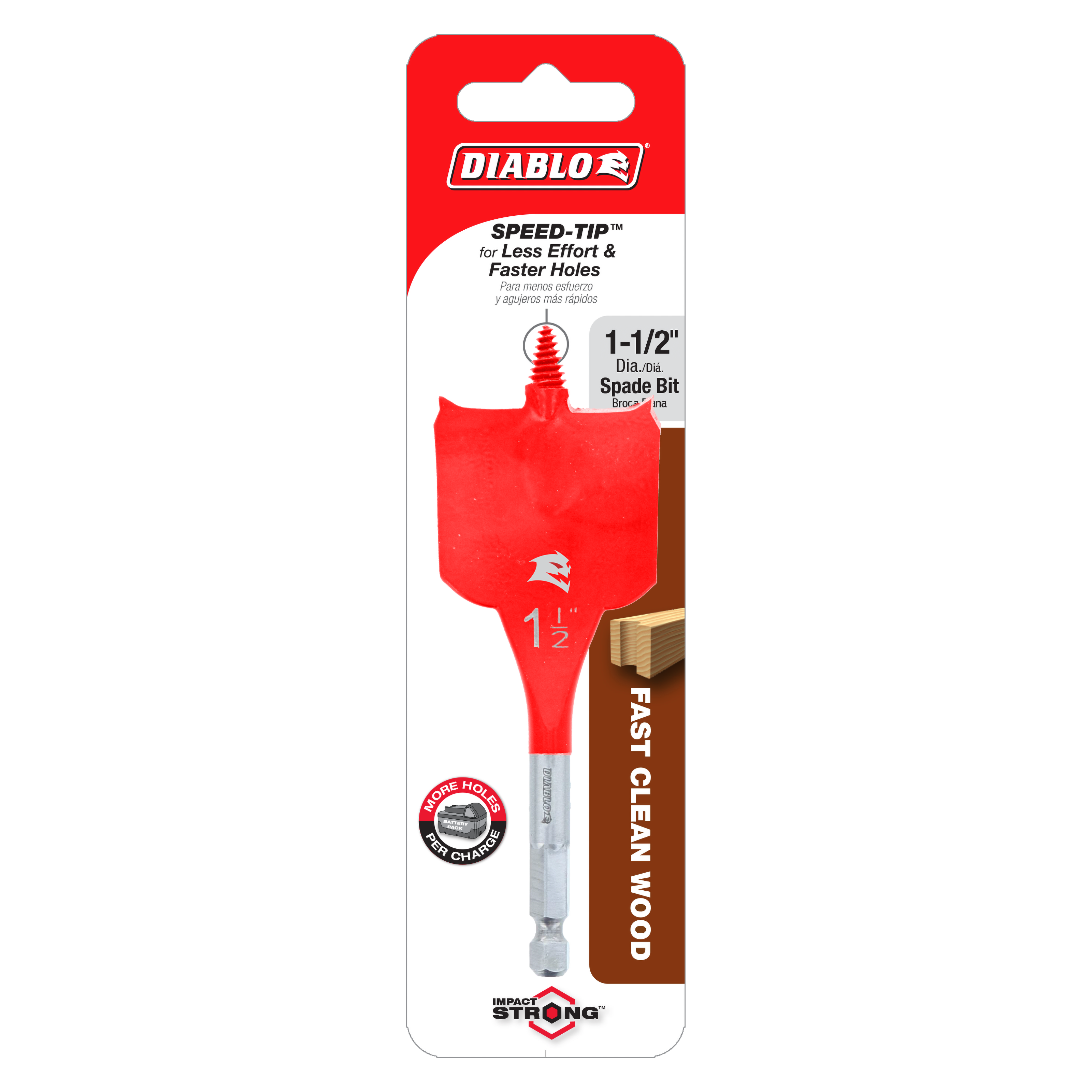 Diablo 1-1/2 inch spade bit with red body and gray hexagonal shank on red and white packaging.