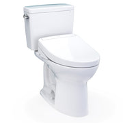 White two-piece elongated toilet with integrated bidet seat and matching tank.