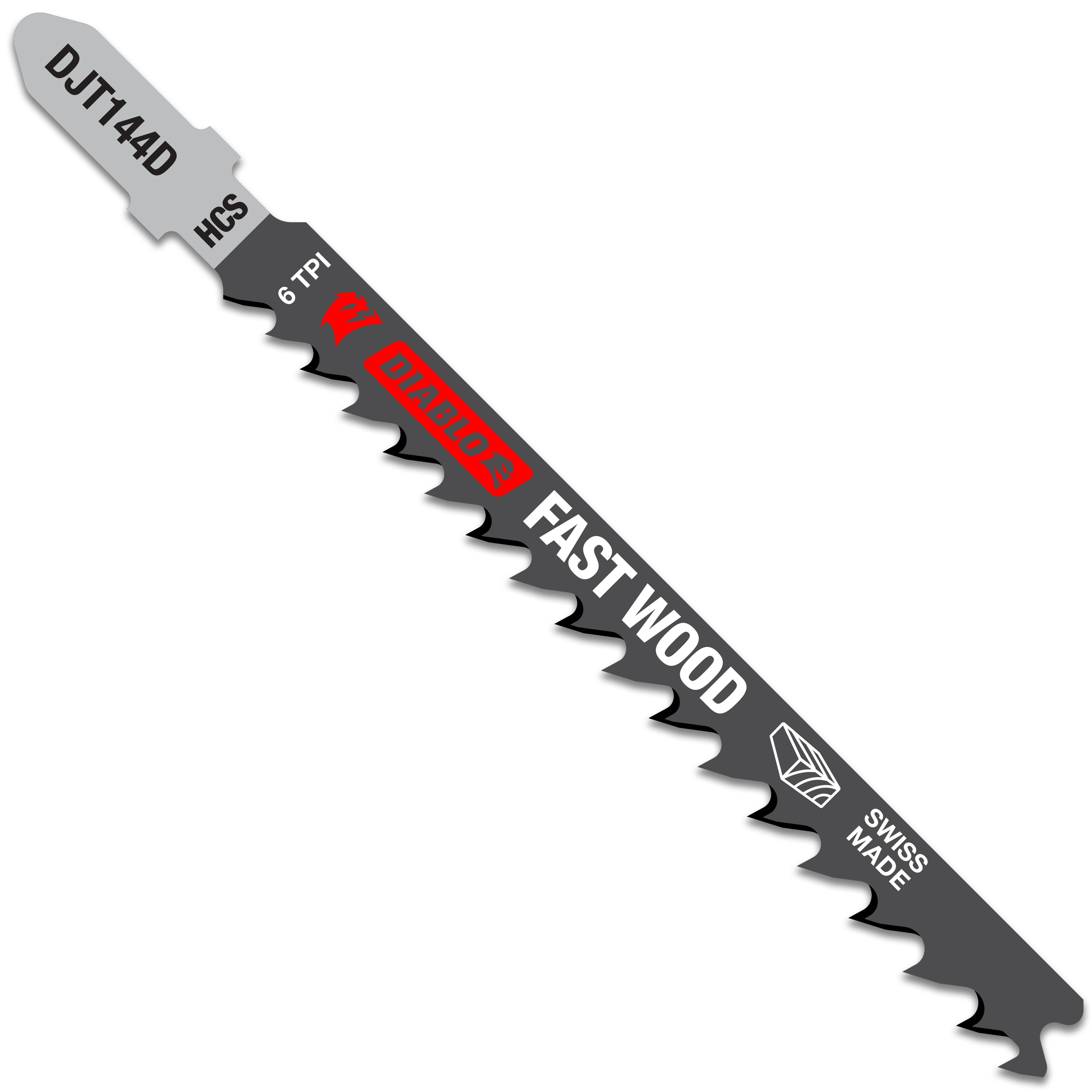 Four-inch Diablo jig saw blade with gray T-shank, black body, red Diablo logo, and coarse teeth marked 6 TPI.