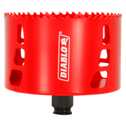 Red cylindrical hole saw with jagged cutting edge, Diablo branding, and black arbor attachment at bottom.