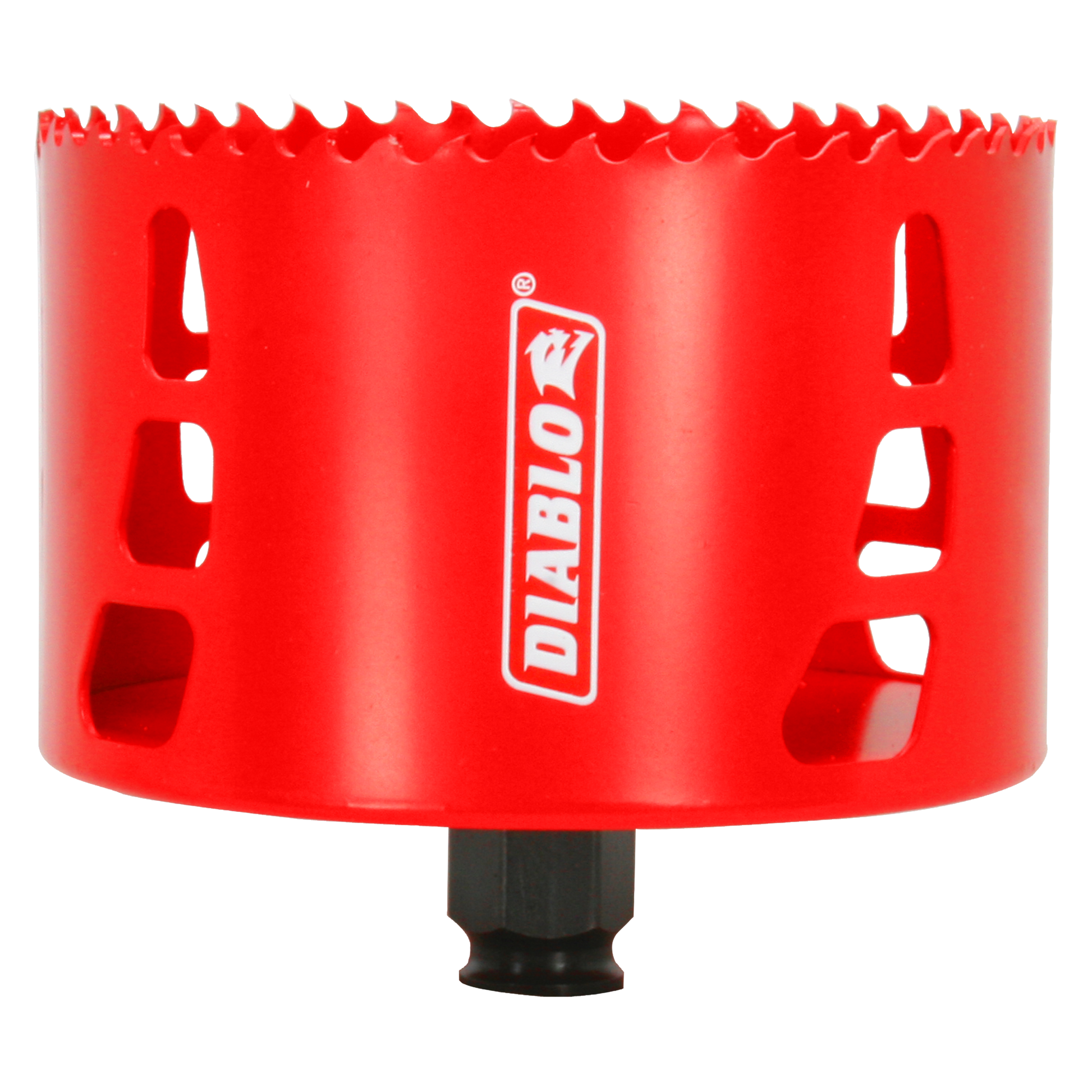 Red cylindrical hole saw with jagged cutting edge, Diablo branding, and black arbor attachment at bottom.