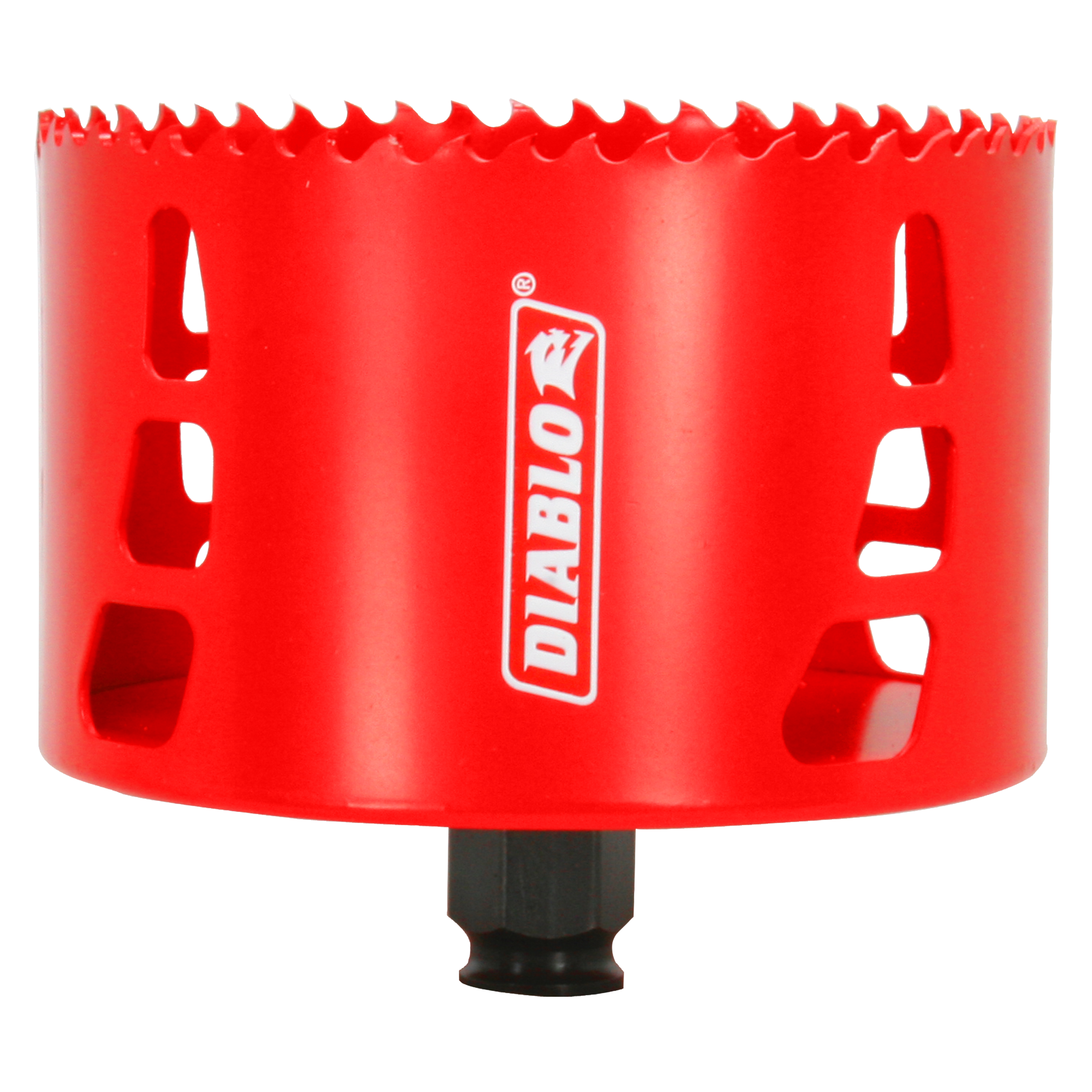 Red cylindrical hole saw with jagged cutting edge, Diablo branding, and black arbor attachment at bottom.