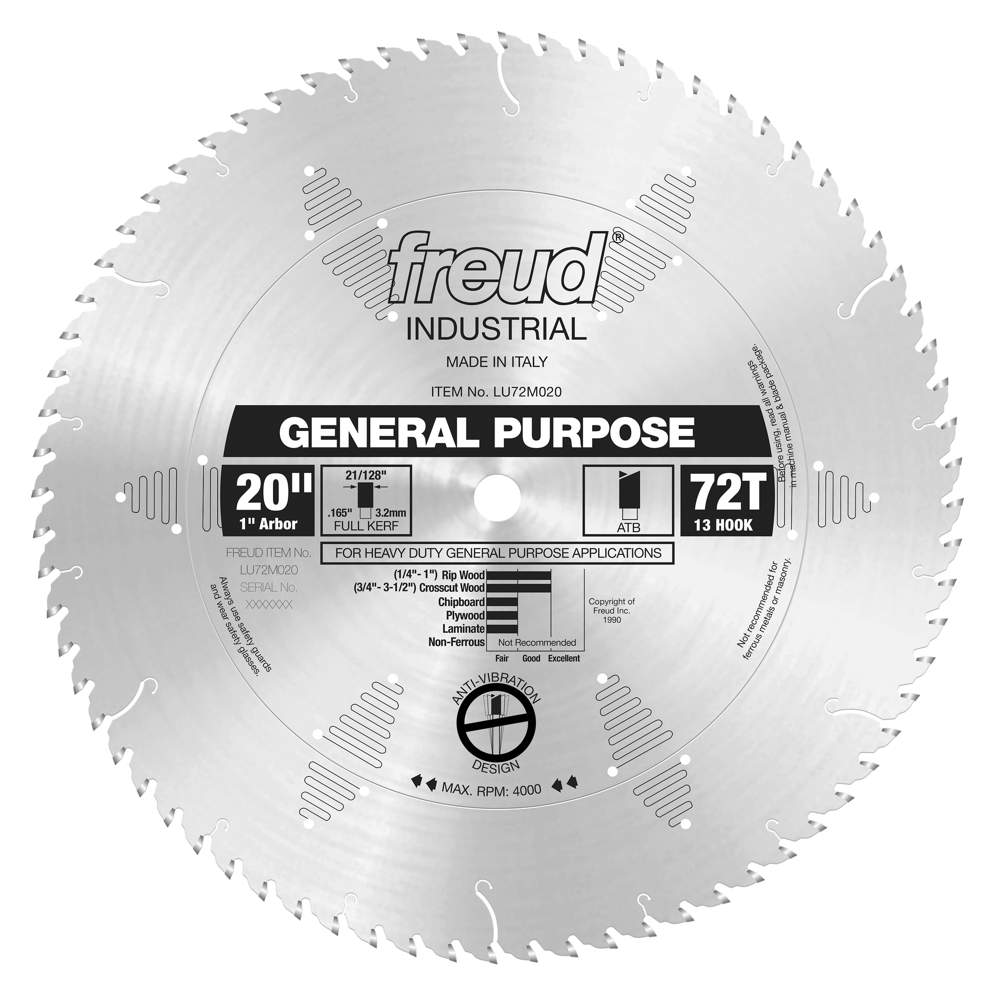 20-inch circular saw blade with 72 teeth, 1-inch arbor, marked "General Purpose" for wood cutting applications.