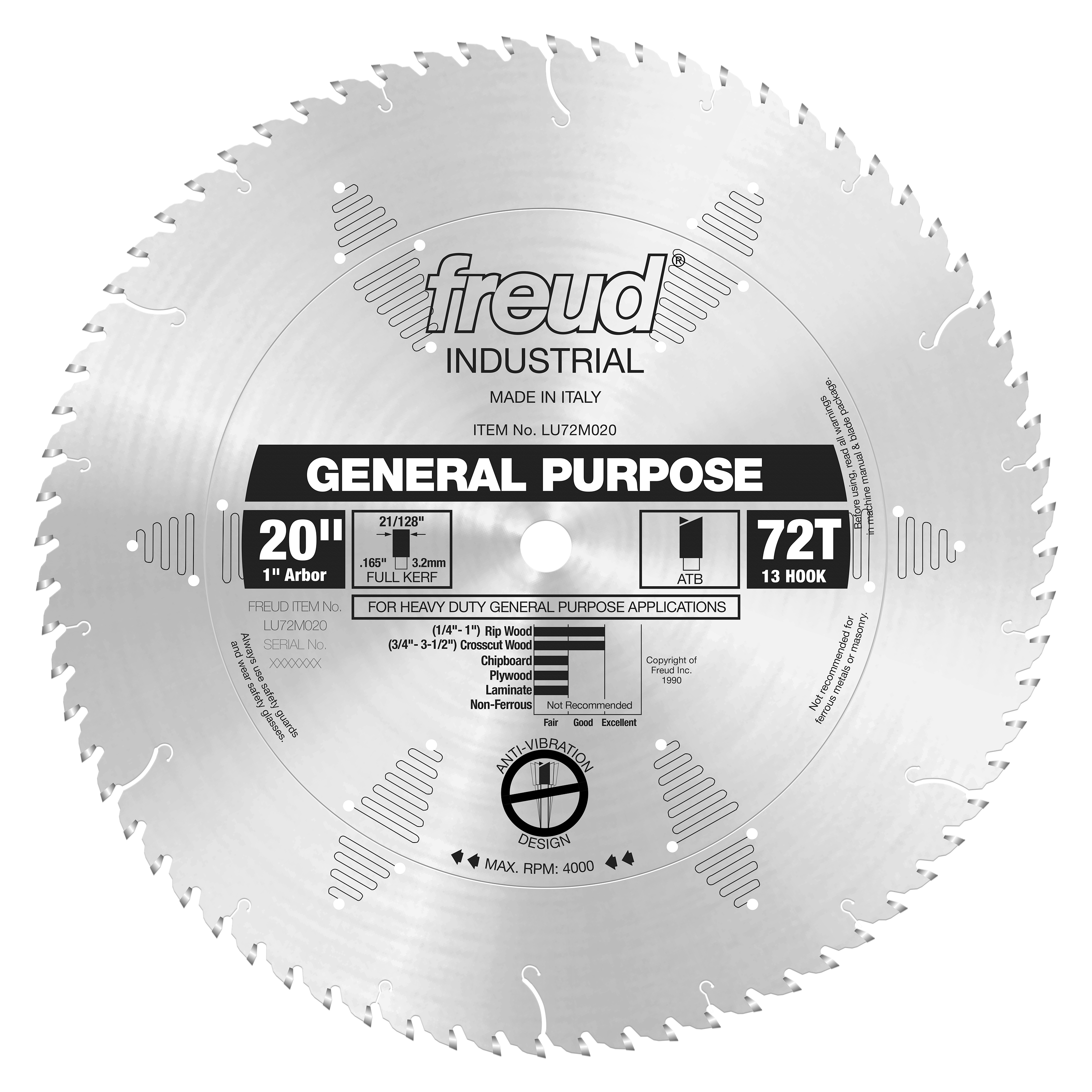 20-inch circular saw blade with 72 teeth, 1-inch arbor, marked "General Purpose" for wood cutting applications.