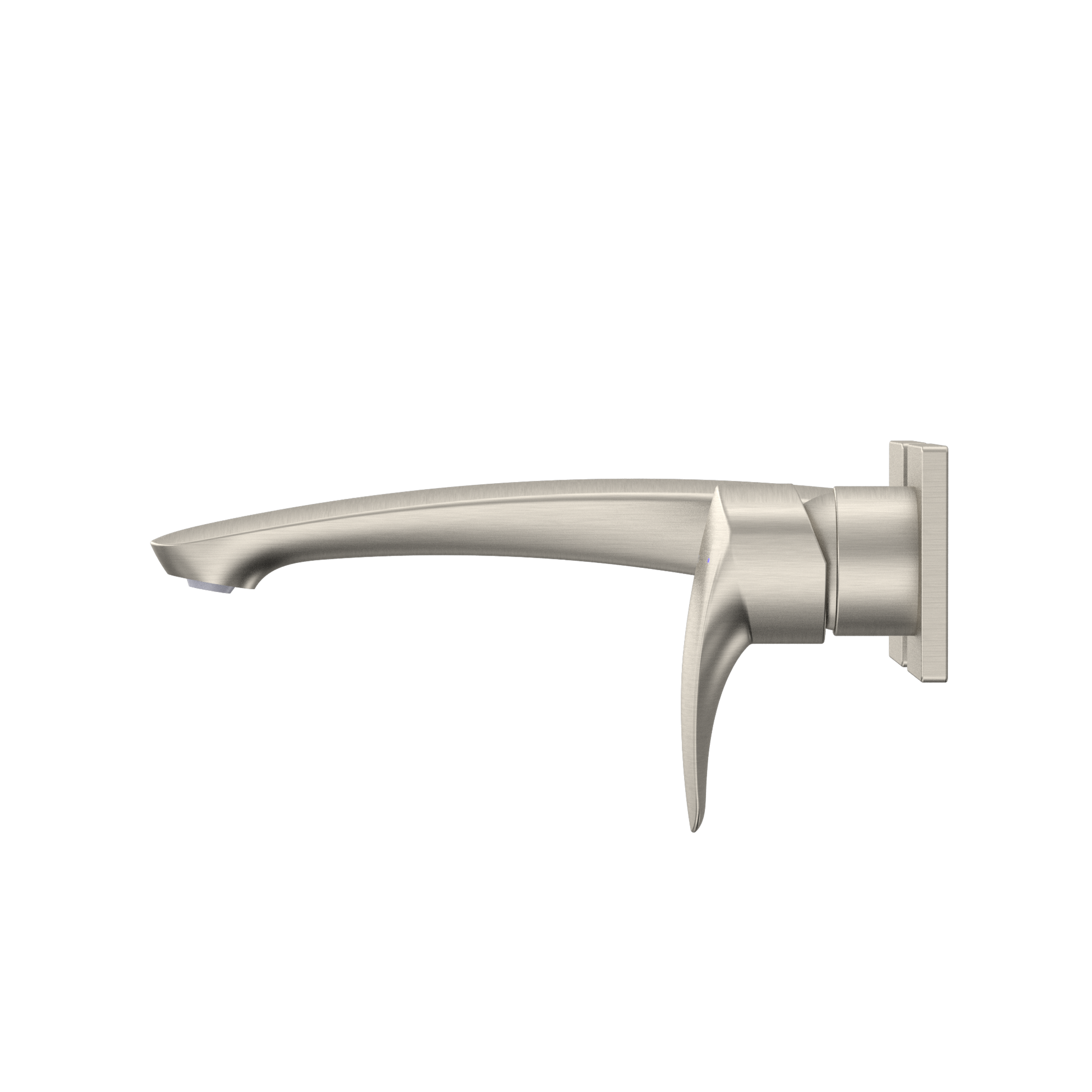 Brushed nickel wall-mount bathroom faucet with single handle and curved spout.