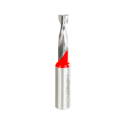 Freud up spiral router bit with silver flutes, red collar band, and silver shank.