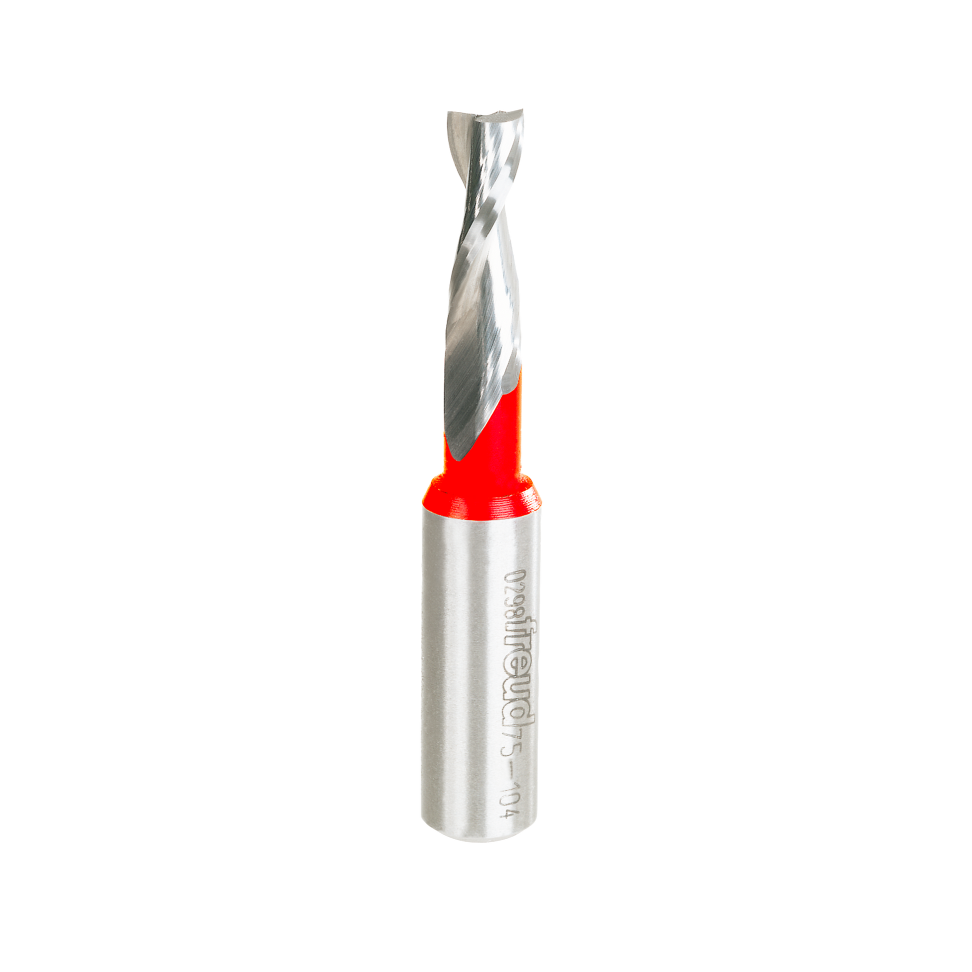 Freud up spiral router bit with silver flutes, red collar band, and silver shank.