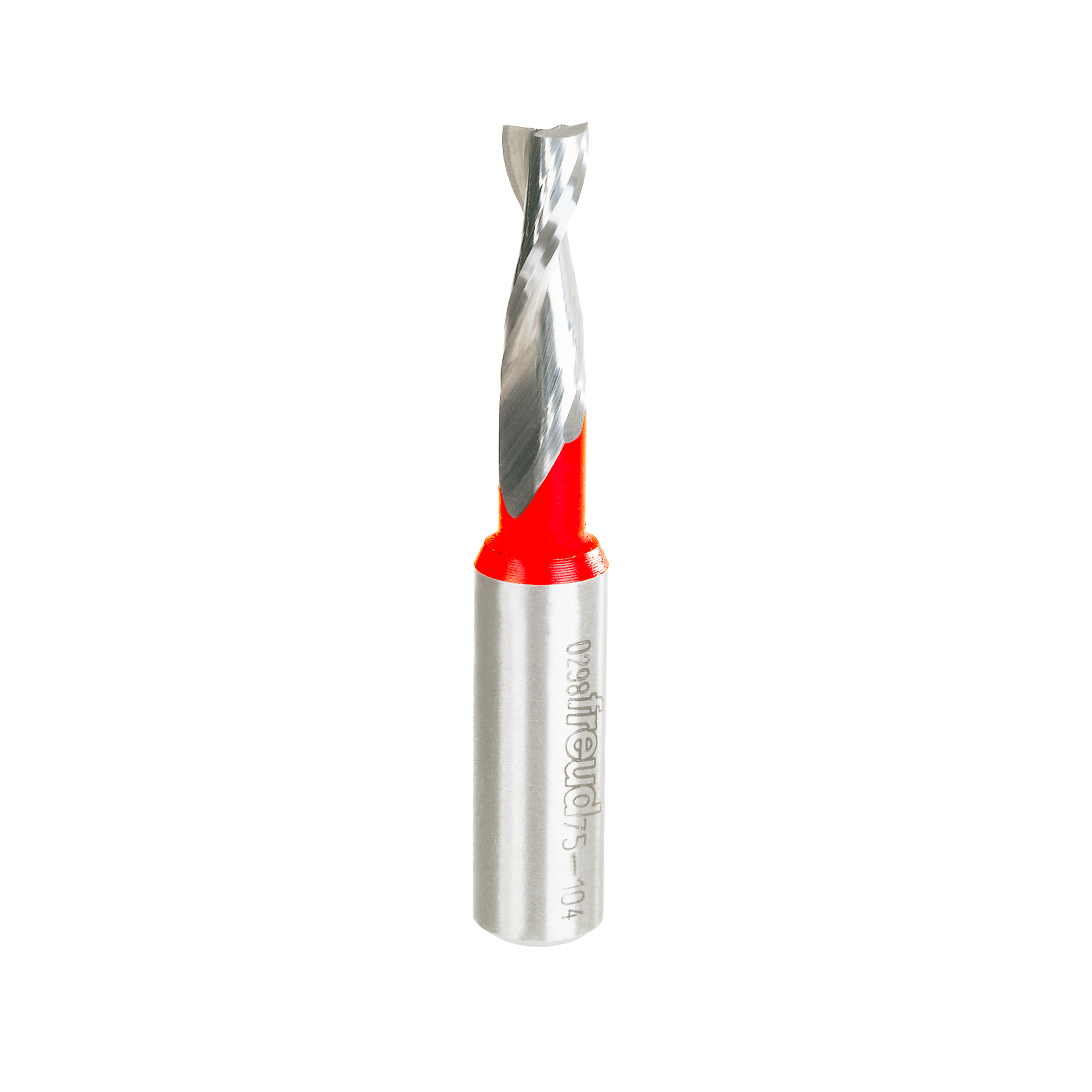 Freud up spiral router bit with silver flutes, red collar band, and silver shank.