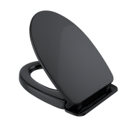 Ebony elongated toilet seat and lid with slow-close mechanism and black mounting hardware.