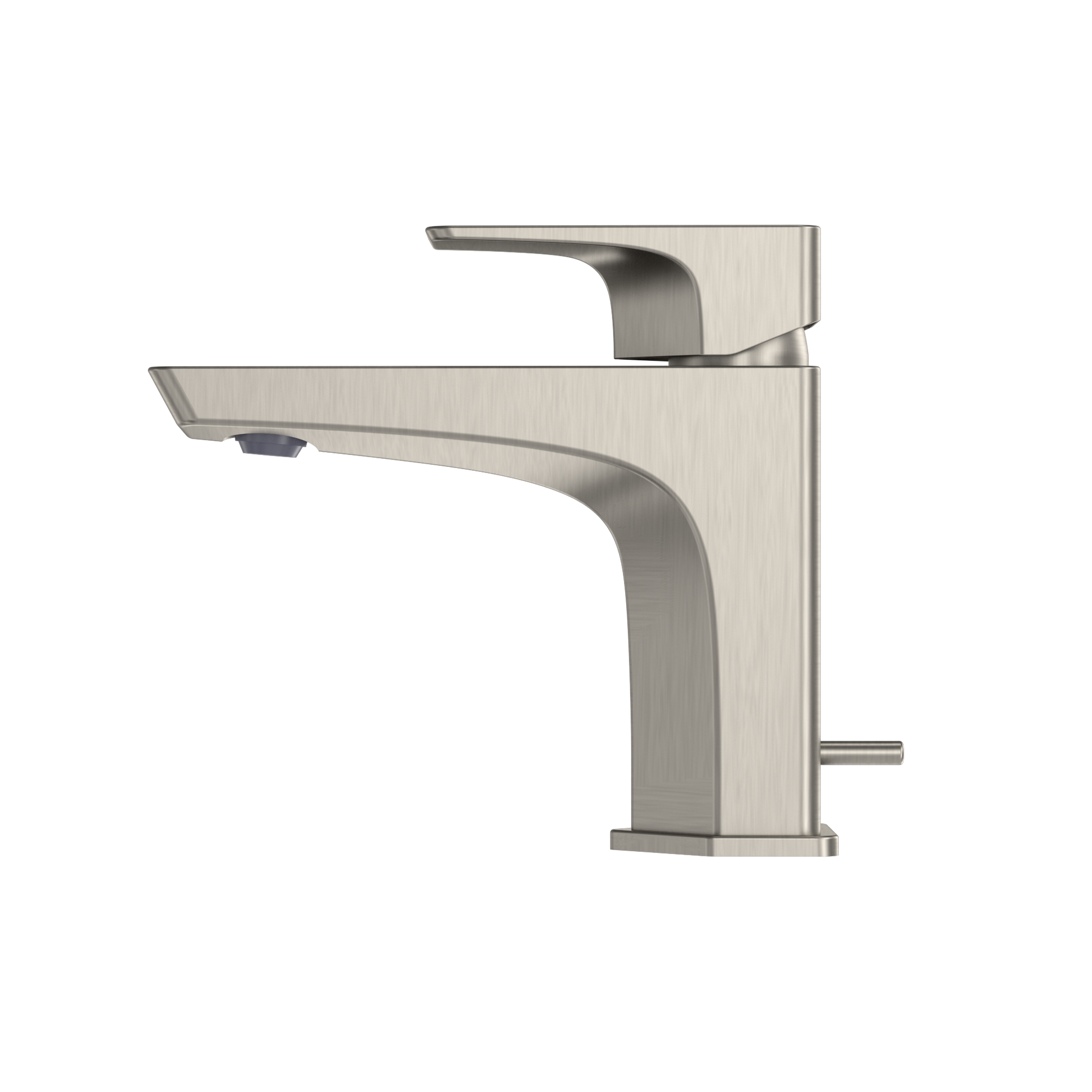 Brushed nickel single-handle bathroom sink faucet with curved spout and angular body design.