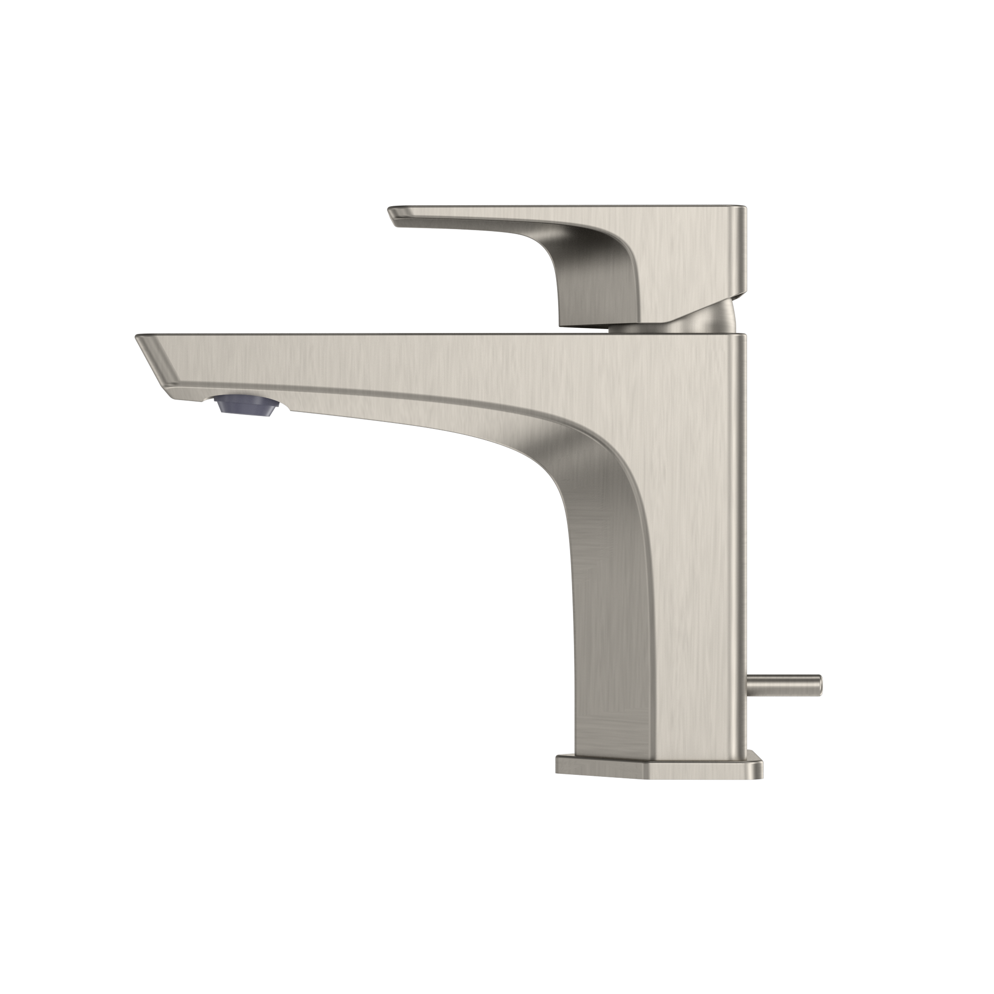Brushed nickel single-handle bathroom sink faucet with curved spout and angular body design.